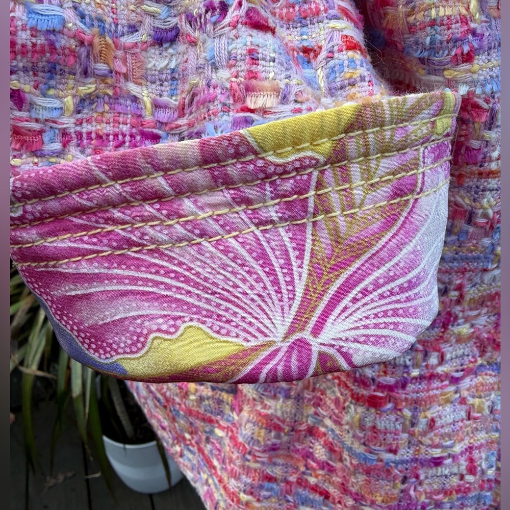 Escada tweed blazer jacket pastels silk floral lining Sz 44 L pinks yellows - Picture 4 of 13